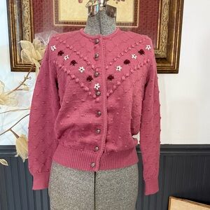 Vintage Pfister Austrian Trachten Embroidered Bobble Knit Cardigan Sz S/M 💛🍄